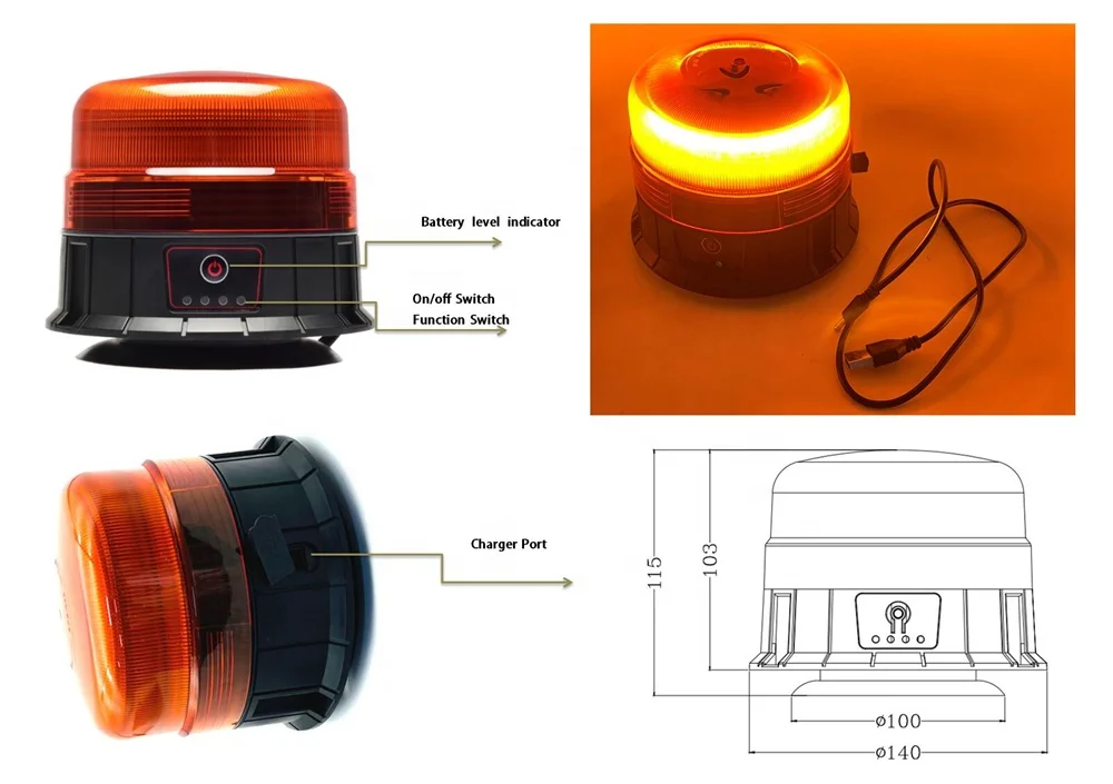 ECE R65 Led Roof Top Strobe Lights Emergency USB Rechargeable Emergency Beacons Warning Led Magnetic Rotating Warning Beacon