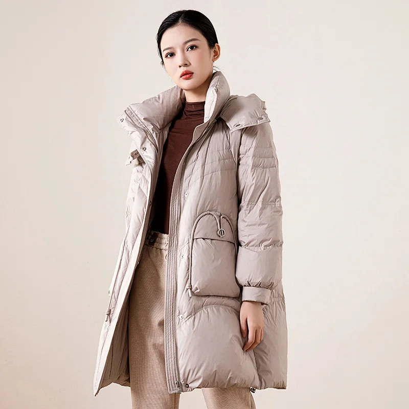 Women's Winter Quilted Down Jacket Loose and Thick Long Coat with Hooded Collar and Zipper Decorations Nonwoven Weaving Method