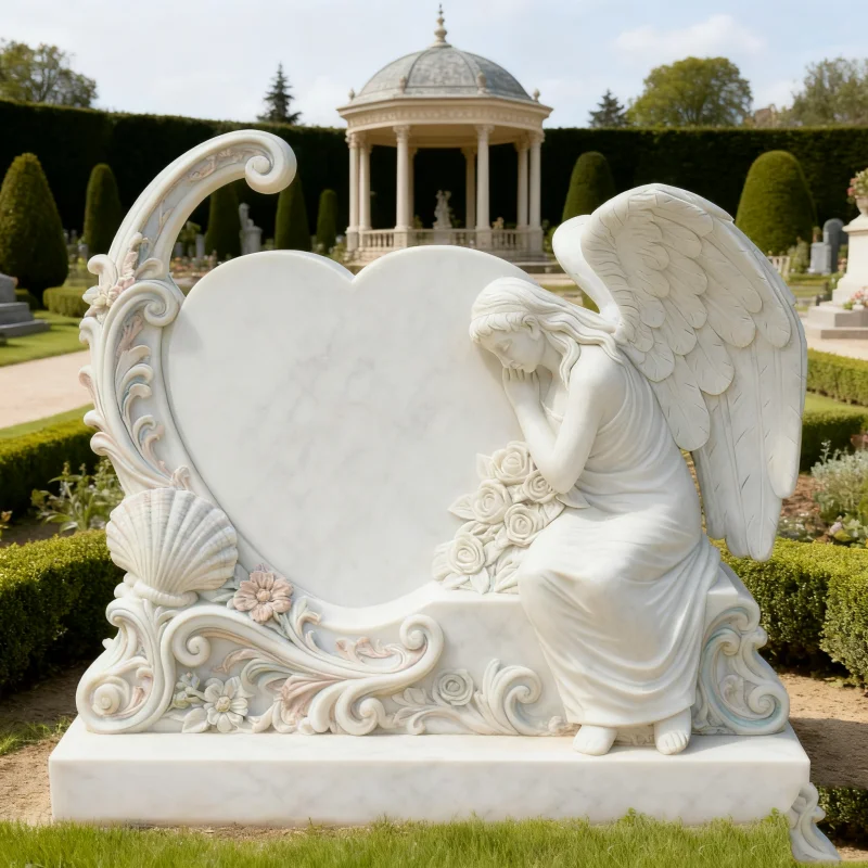 product bianco carrara marble tombstones and monuments with angel  heart shape headstone design for cemetery white marble tombstone-5