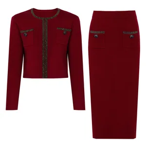 AELESEEN Designer Casual Autumn Winter Knitted Set Women Long Sleeve O-Neck Beading Sweater + Midi Skirt Fashionable Set