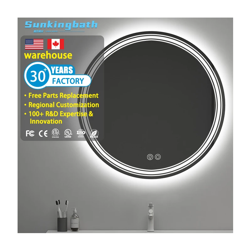 LED Bathroom Mirror Dimmable 3 Color Light Anti Fog Wall-Mounted IP54 Waterproof Mirror Vanity Round Smart Mirror