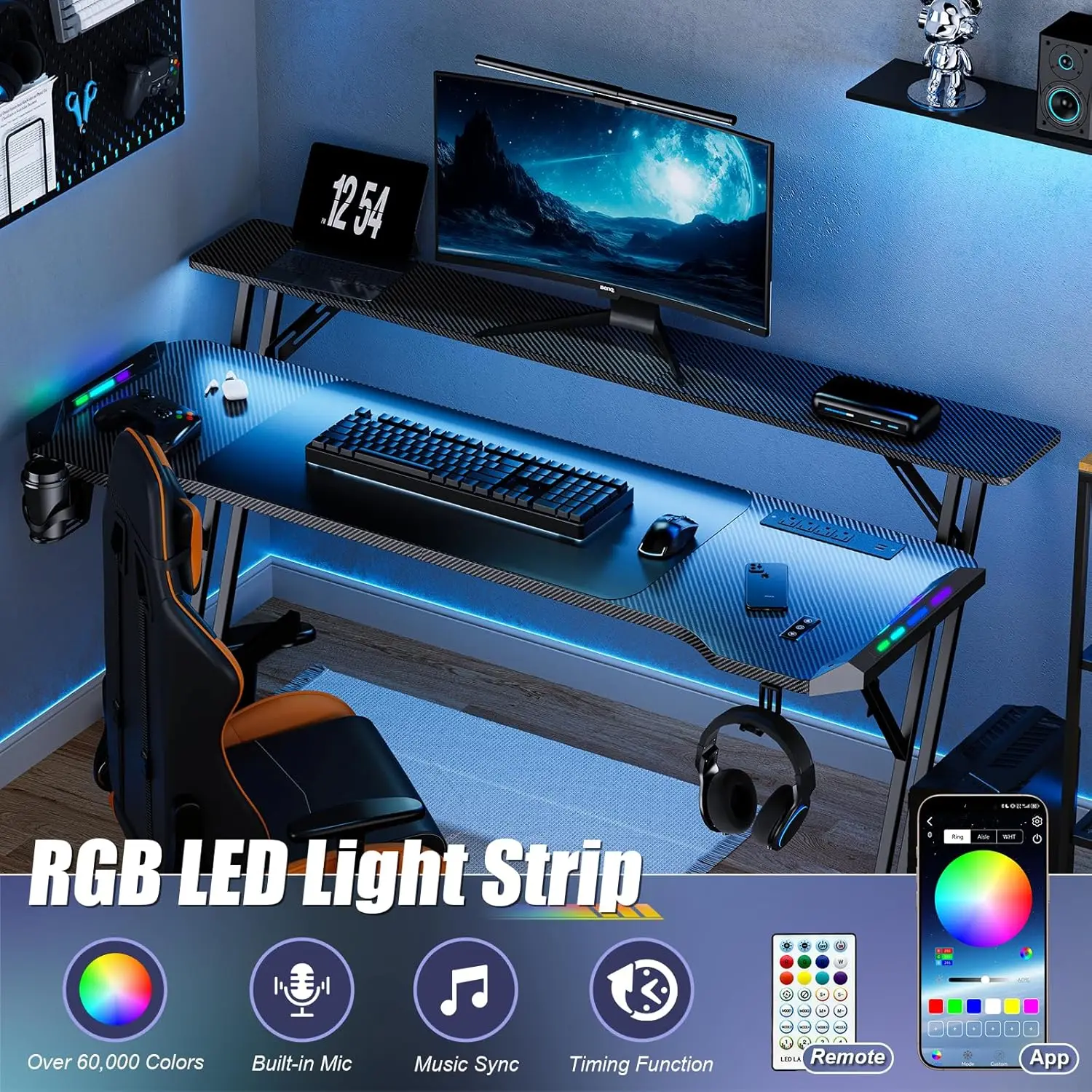 1.2/1.4/1.6M Ergonomic Computer PC Laptop LED Gamer Table Gaming Desk with LED RGB Atmosphere Lighting and Monitor Shelves