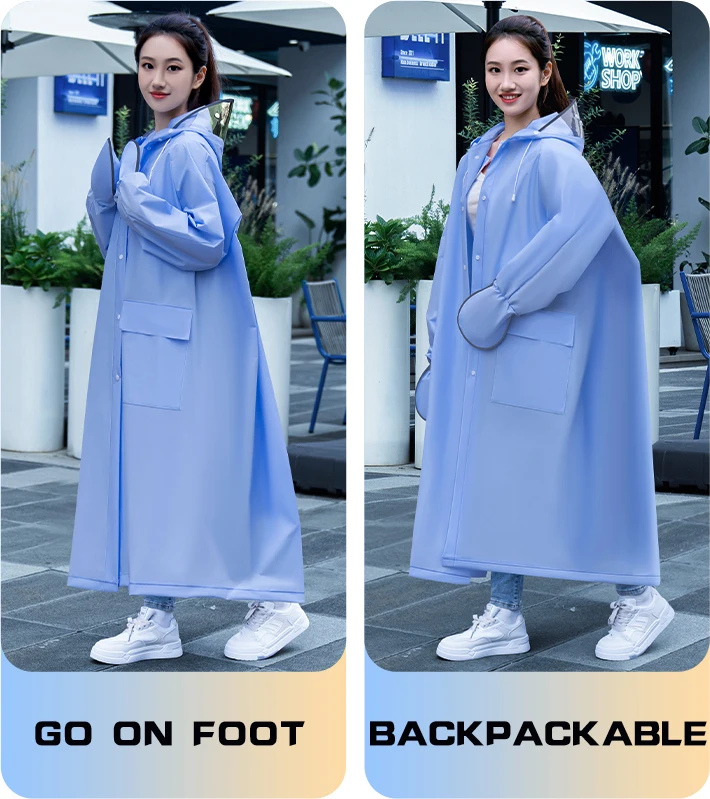 Wholesale modern blue Boys girls Windproof and Waterproof Camping Hiking rain coat Plastic Eva with Hood Long Raincoats details