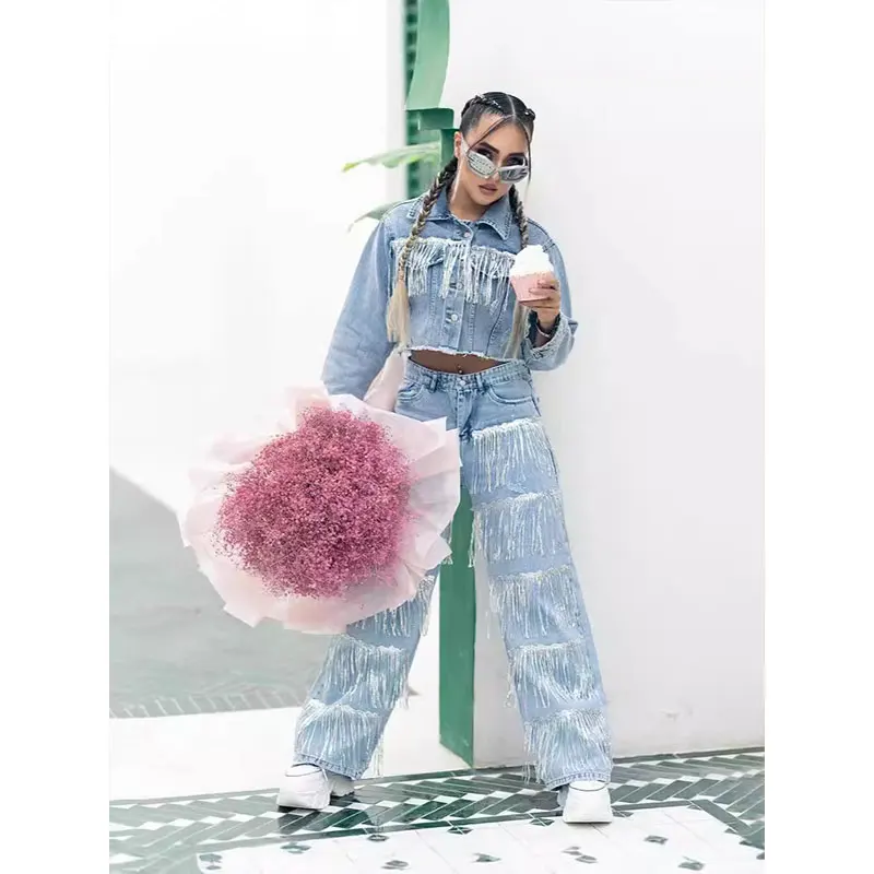 New High Street Fashion Women's Straight Jeans for Sehe with Tassel Design Sequin Embellished Breathable Denim Pencil Pants