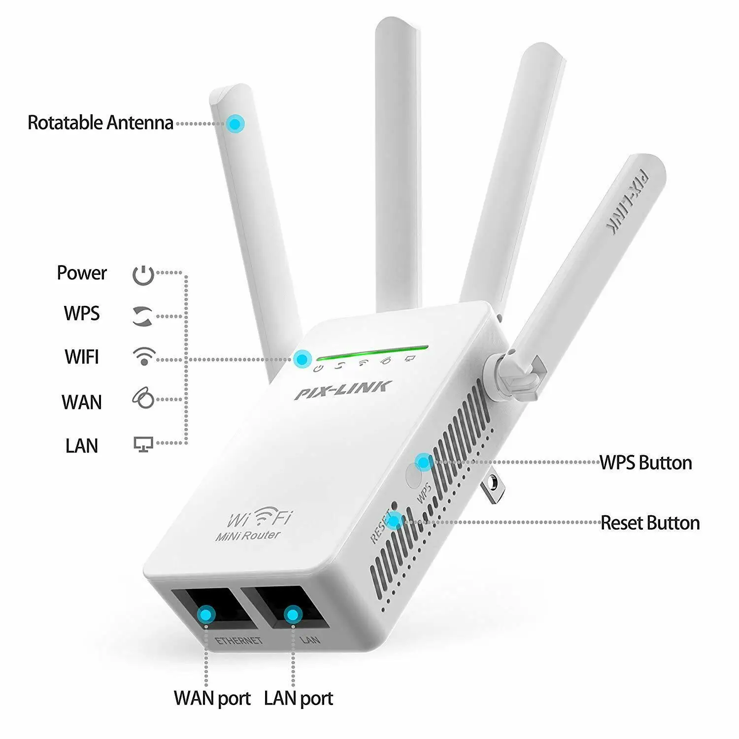 PIXLINK WiFi Repeater Wireless Router 300Mbps 4 Antenna Extender Amplifier Signal Cover Long Range
