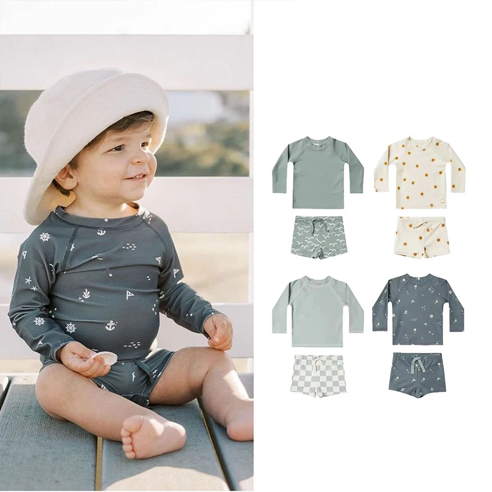 Newborn Toddler Boy Baby Kid Printed Summer Days Cartoon Lattice 2 Pieces Swimsuit Swimwear