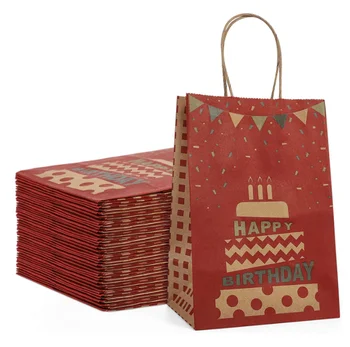 5.25X3.75X8" 100% Recycled Small Paper Bags with Handles for Birthdays, Party Bags Kraft Bags for Boutique in Red