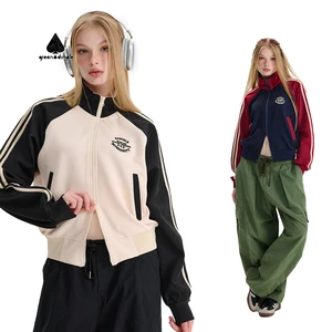 Women Beige Black Color Block Track Jacket Striped Sleeves Zip Front Retro Sport Style Cropped Silhouette Soft Daily Streetwear