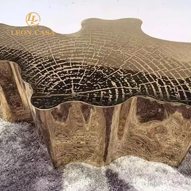 Unique Design Etching Top Tree Trunk Shape Center Table Luxury Stainless Steel Gold Coffee Table