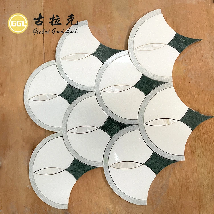 New Fan Shape Marble Sea Shell Inlay White and Green Marble Waterjet Mosaic Tile for Home and Hotel Decoration details