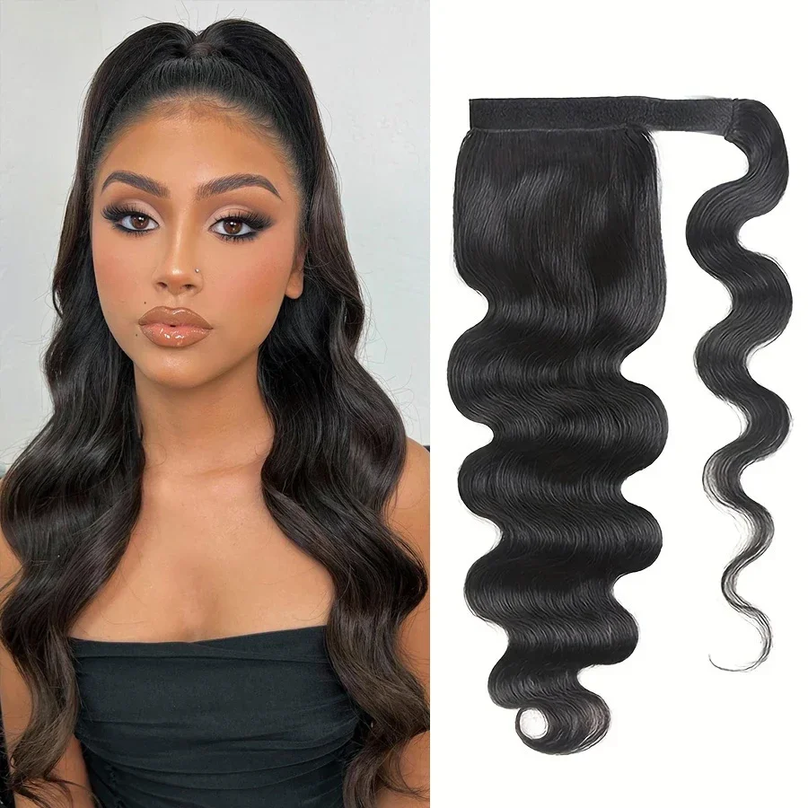 Extension per coda di cavallo con capelli umani brasiliani, ondulati, da 16 a 26 pollici, realizzate a macchina, con clip, in capelli Remy_voghion.com