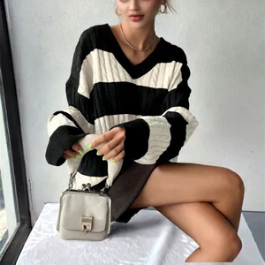 AMA Autumn Women's Fashion Top European American Style V-Neck Contrast Color Stripes Loose Casual Oversize Long Knitted