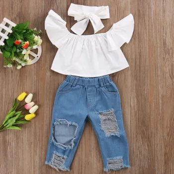 OEM Sweet Lovely Two Piece Clothing 2021 New Stylish Summer Fashion Ripped Jeans Suits Kids Girls Clothes