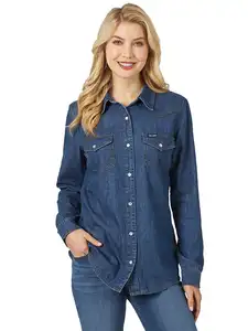 Women's 100% Cotton Blue Denim Lapel Button Blouse Casual Long-Sleeve Formal Tops Comfortable Regular Fit Breathable