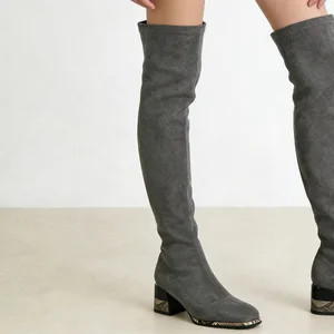 Women's Gray Faux Suede Over-the-knee Boots - Snake-Print Trim Block Heel Zipper Casual Dress Footwear 2026 Autumn