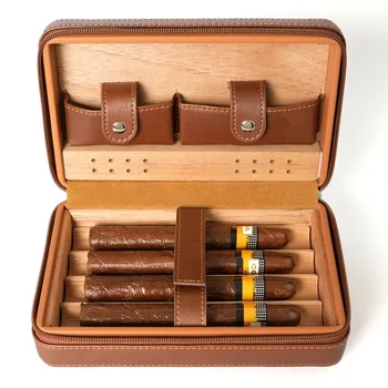 Custom Portable Cedar Wood Cigar Case 4 Slot Cigar Travel  Leather  Humidor Box Cigar Accessories Kit