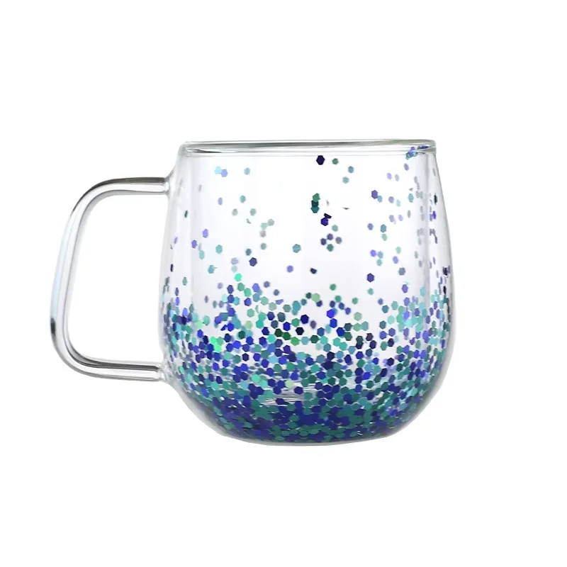 Free Sample Glassware Custom Logo High Borosilicate Double Wall Glass Cup Double Wall Glass Coffee Cup with Glitter