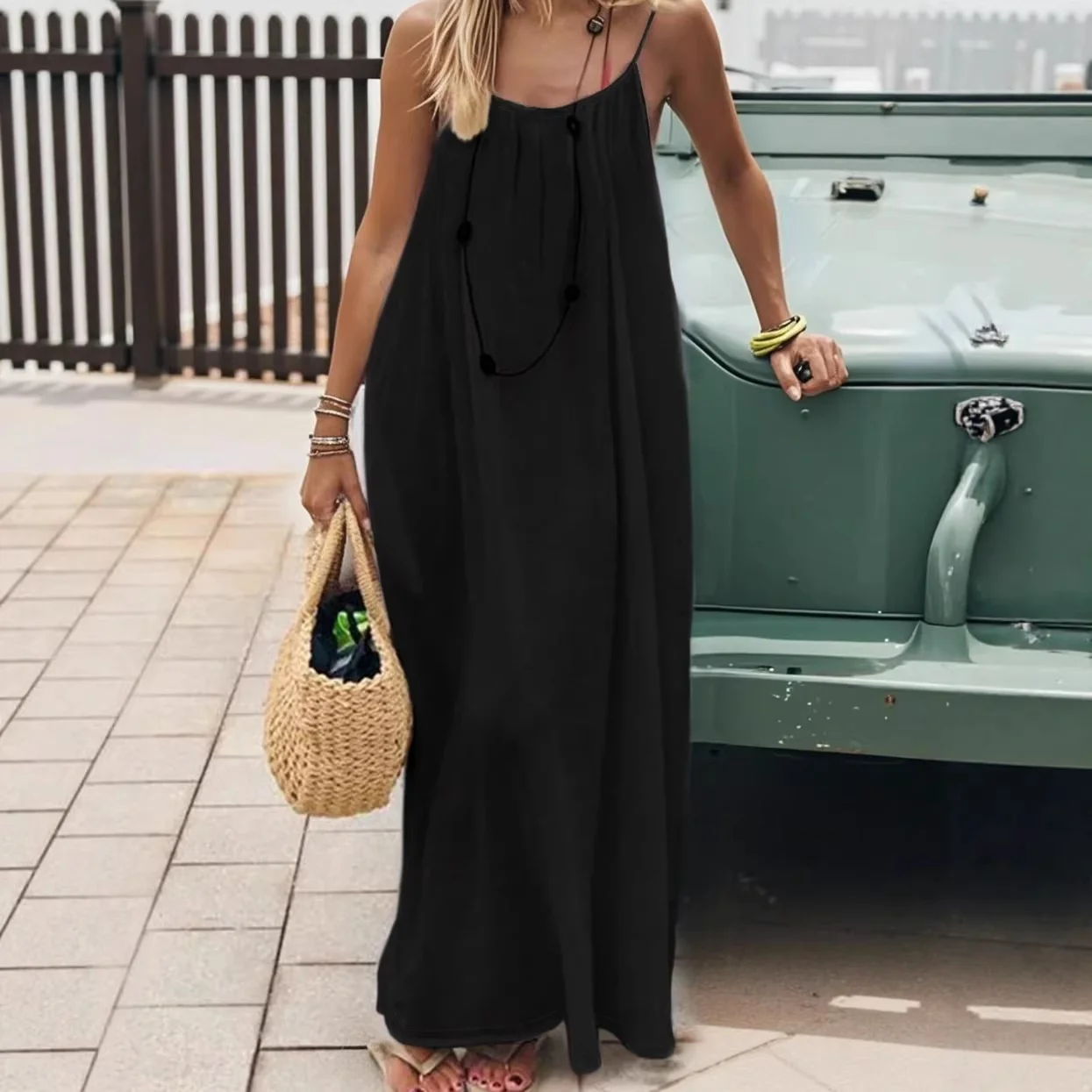 2026 Cross-border New Womens Strap Loose Casual Summer Long Backless O-Neck Dress High-End Elegant Polyester Spandex Knitted