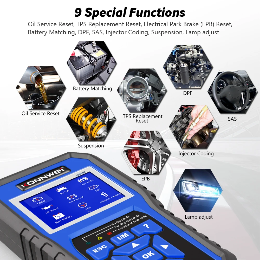 KONNWEI KW450 Full System OBD2 Scanner Car Diagnostic Machine Support ABS/SRS/DPF for VW for Audi