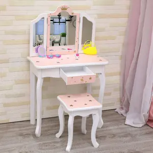 EDULAND Girls Vanity Table Chair Set Tri-Folding Mirror Makeup Dressing Princess Table Drawer Kids Pretend Play Preschool