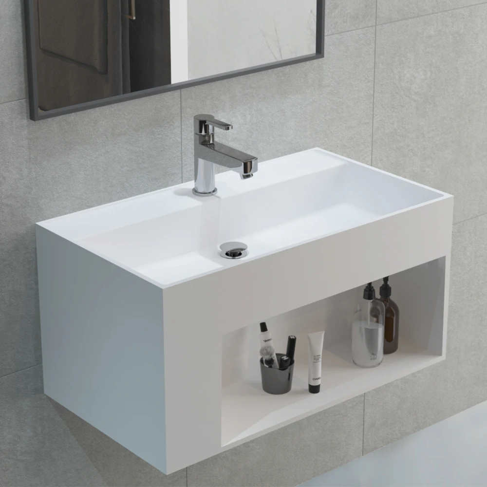 Modern Design Rectangle Acrylic Solid Surface Lavatory Wash Basin Wall Hung Bathroom Wash Hand Basin