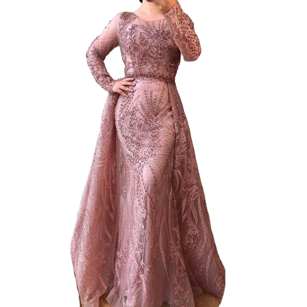 Pink Beaded Long Sleeve Mermaid Evening Gown with Overskirt - Elegant Formal Party Dress for Women, Serene Hill LA70541 Pink Beaded Long Sleeve Mermaid Evening Gown with Overskirt - Elegant Formal Party Dress for Women, Serene Hill LA70541