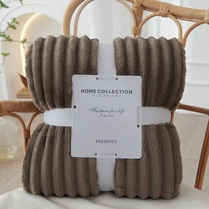 High Quality Super Soft Lightweight Solid Stripped Fleece Polyester Cozy Brown  Flannel Throw Blankets for Home Decor