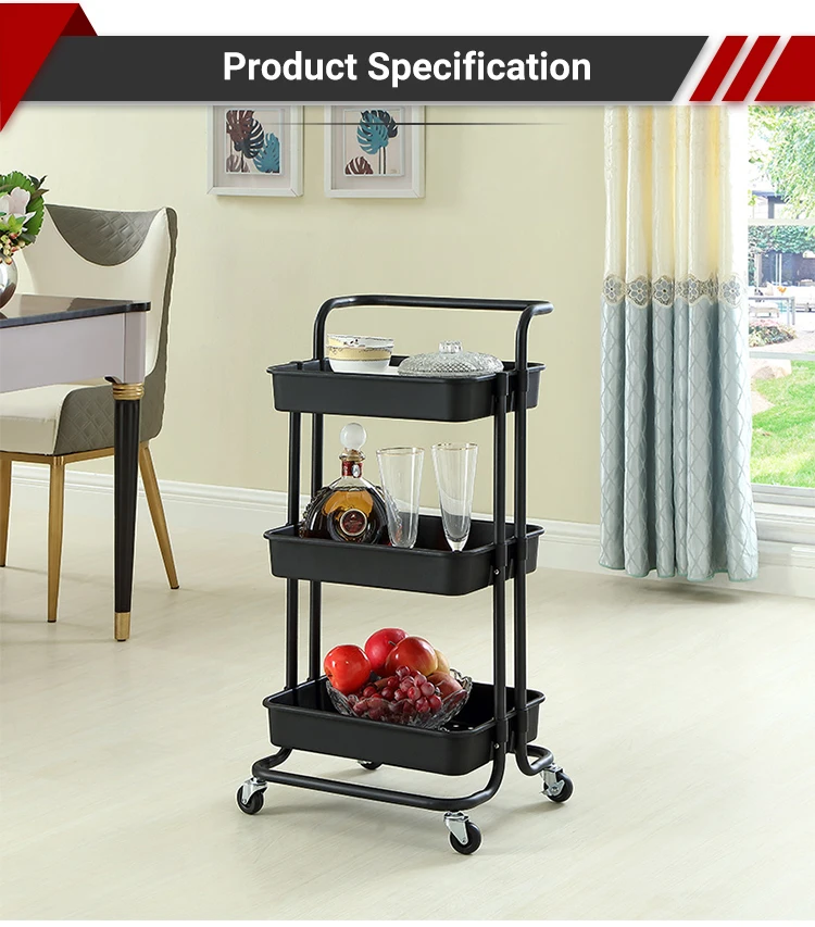3 Tier Rolling Utility Cart With Handle Plastic Multi-purpose Trolley