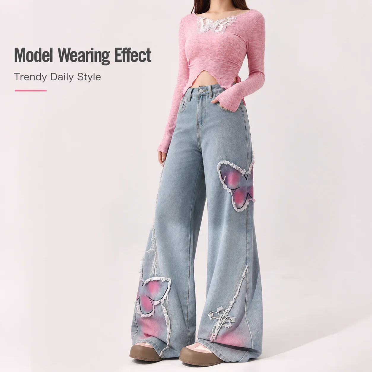 Y2K Street Wear Casual Wide-Leg Pants Washed Pink Butterfly Decal with High Waist Embroidered Digital Printing for Spring Season