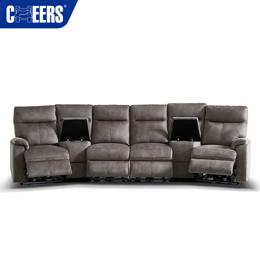 MANWAH CHEERS Fabric Upholstered Power Reclining Home Theater Sofa Blue  4-Seater Hot-selling Sofa with Console and USB for Home