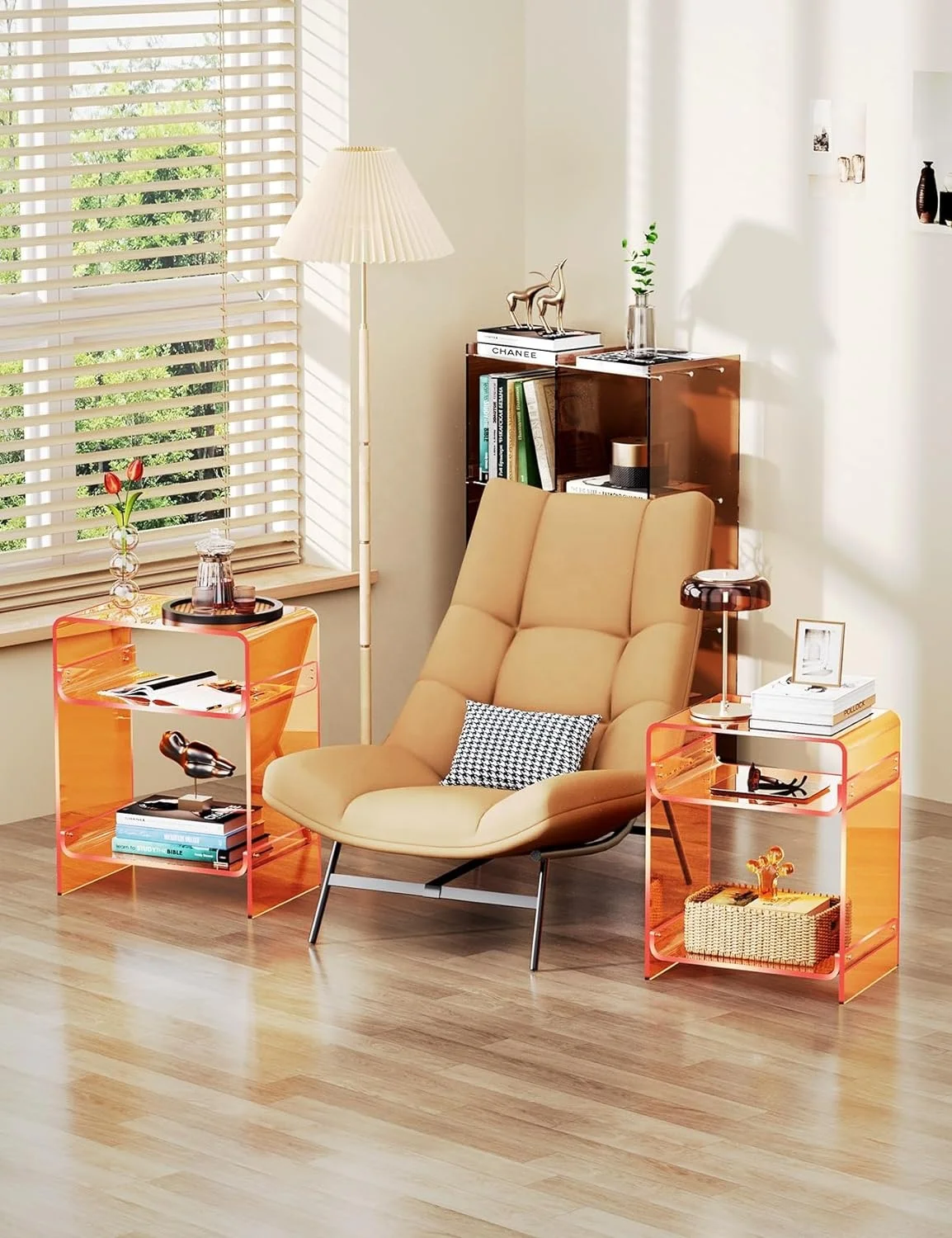 Orange Acrylic End Table With Storage Shelf 17.7x22.8x11.8 Nightstand for Record Players Clear Side Display Rack