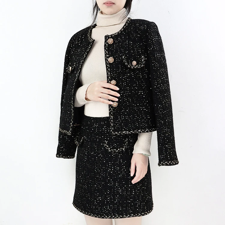 Autumn 2023 women temperament tweed formal skirt suit fashion office wear two piece set