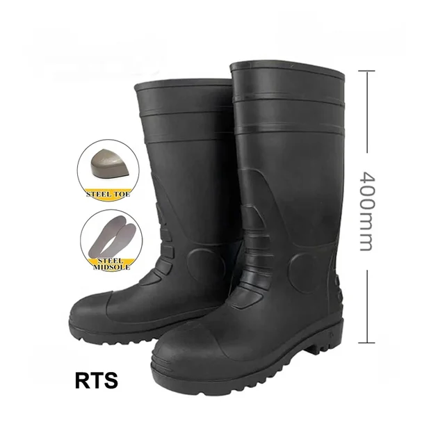 Durable Black Economy CE S5 Wellington Boots Midsole Boots Industrial Gumboots Anti-slip Top Cut Steel Toe Steel Waterproof Men