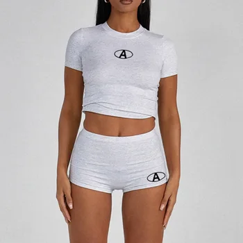 Ainidan ODM Casual Two-Piece Set Custom Printed Solid Color T-Shirt & Shorts Puff Printing Letter Pattern Sports Home Outfit