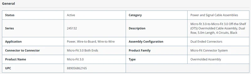 Micro-fit 3.0-to-Micro-Fit 3.0 Off-the-Shelf (OTS) Overmolded Cable Assembly, Dual Row, 5.0m Length, 4 Circuits, Black factory