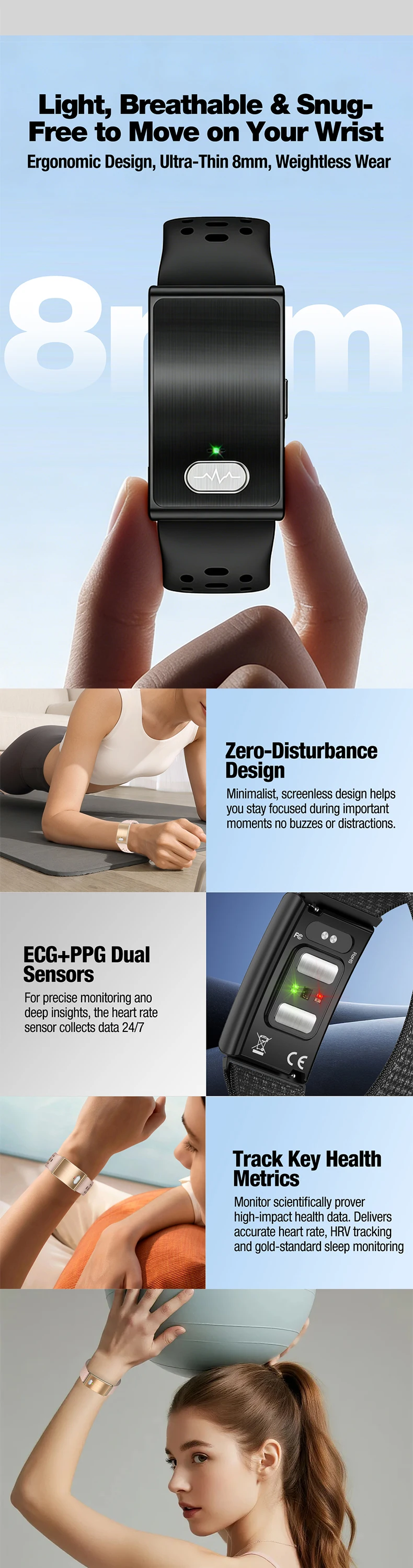 product 2026 es02 screenless smart bracelet body temperature ecg hrv heart rate sleep monitoring health fitness tracker sport smart band-2