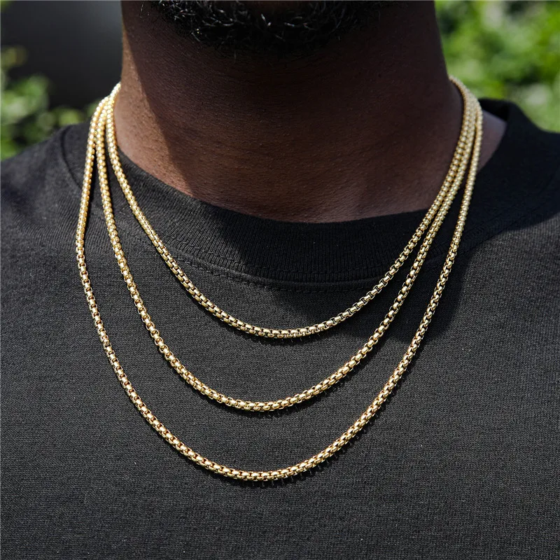 Wholesale 3mm Stainless Steel Box Chain Necklace Hip Hop Box Link Chains  Mens 14k 18K Gold Plated Round Rolo Box Chain Necklace