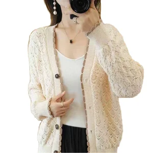 One Size Autumn/Winter Solid Blended Knitted V-neck Breathable Sweet Style Women's Long Sleeve Loose Large Cardigan Coat