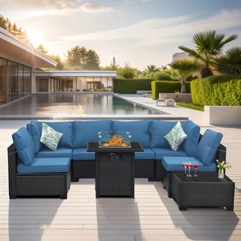 New Arrival modern Large 7-piece Wicker Garden Sofa Outdoor Furniture with Fire Pits for Poolside