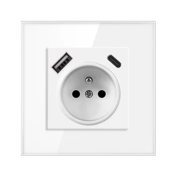 White tempered glass panel wall socket home EU Standard 86 Type 16A French socket with Type C fast charging