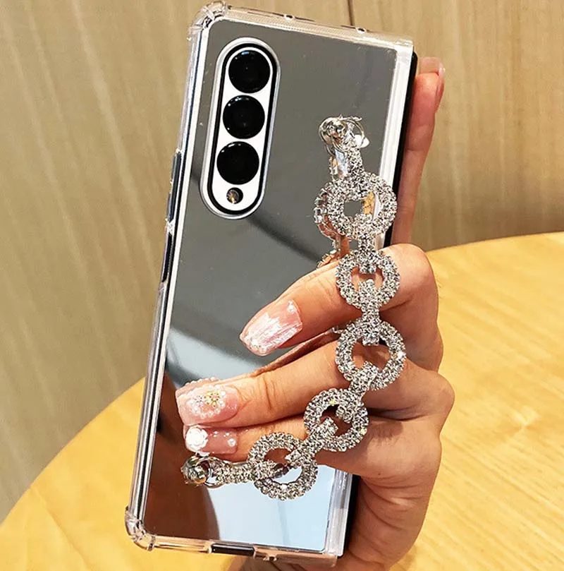 Luxury Electroplating Mirror Design Bling Phone Strap Style Silicone Folding Phone Case for Samsung Galaxy Z Fold 3 4 5 6