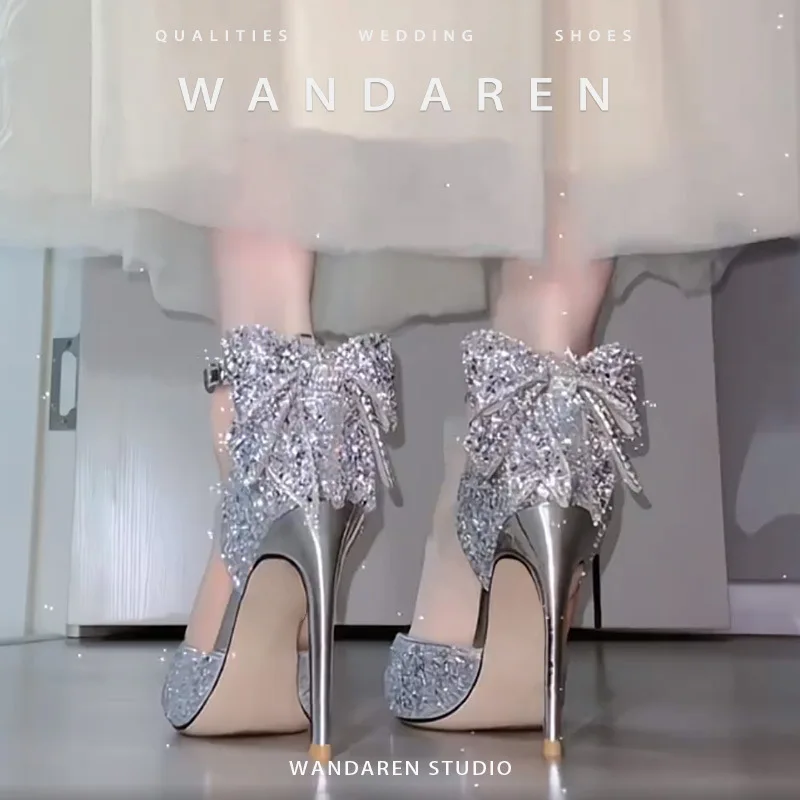 Women's Luxury Bridal High Heel Pumps Shoes Sequined Bowknot Hollow Out Closed Toe Thin aperçu 8