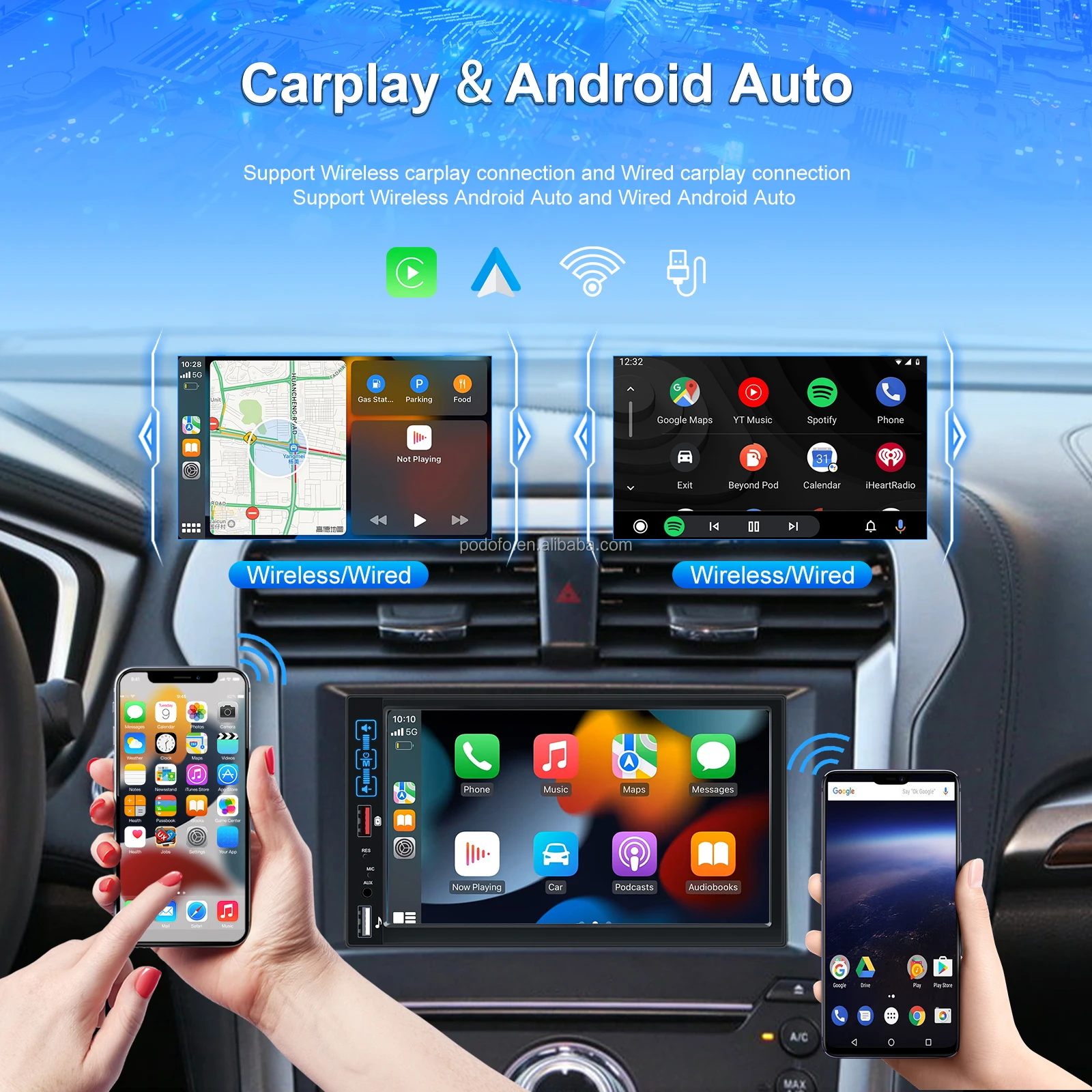 Podofo 1 Din 7 Inch Android 10.1 Car Radio Autoradio Support Wireless  Carplay and Android Auto GPS Navigation Wifi Bluetooth USB FM Rear View