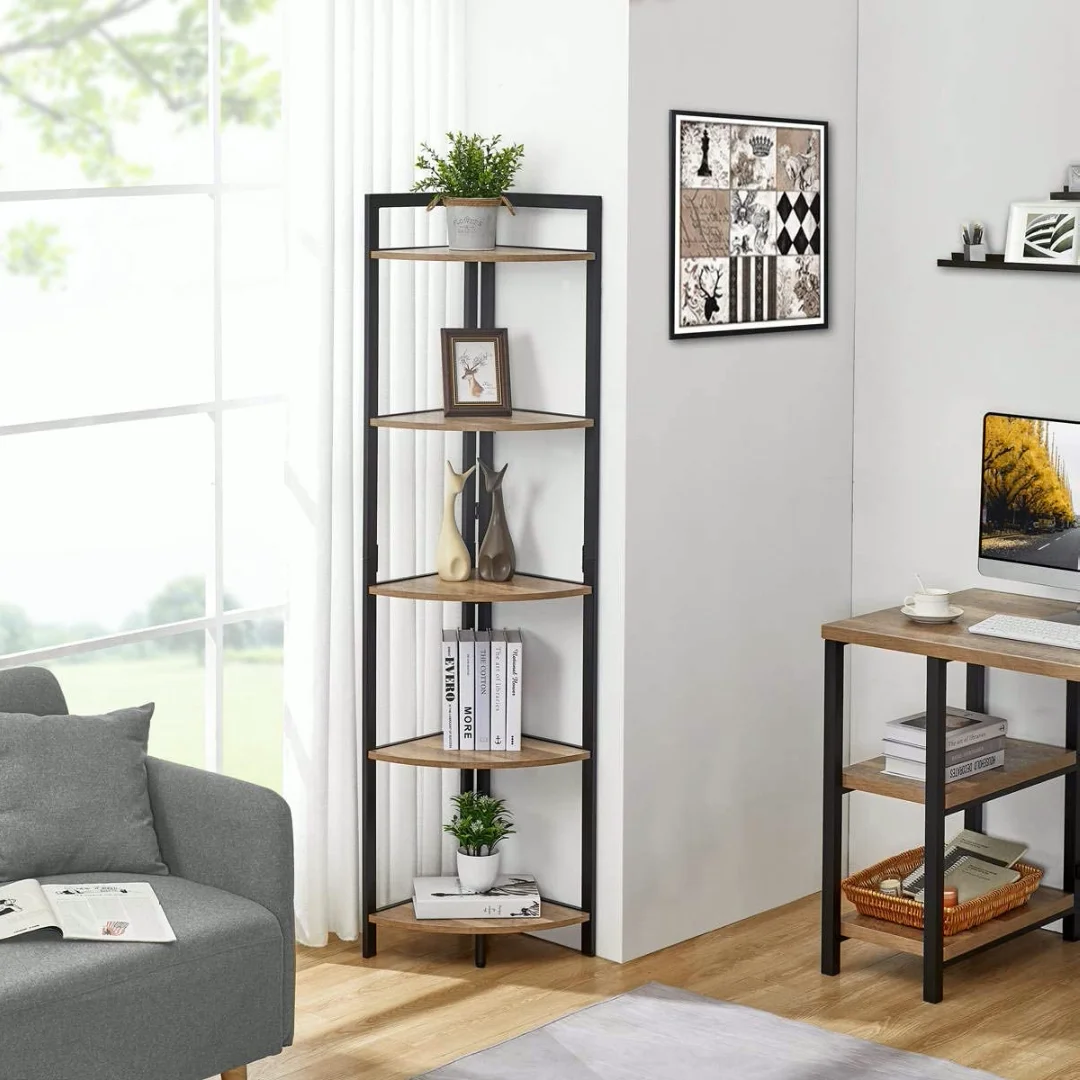 Modern Brown Simple Metal Wooden Multi-functional Floor Bookcase Corner ...