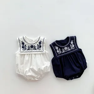 Summer Infant Girl Baby Coveralls Rompers ODM Button Closure Cool Navy Solid Pattern Jumpsuit Embroidered Collar Casual