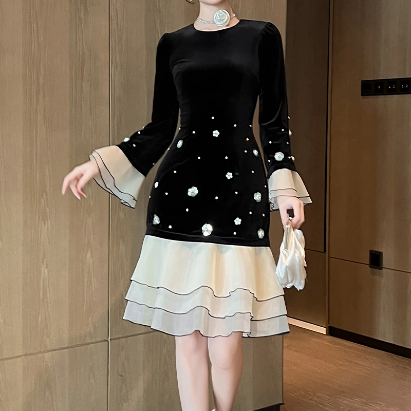 ZYHT 21574 Autumn Winter Spring Beaded Elegant Birthday Party Black Velvet Dress Ladies Long Sleeve Short Dress for Women