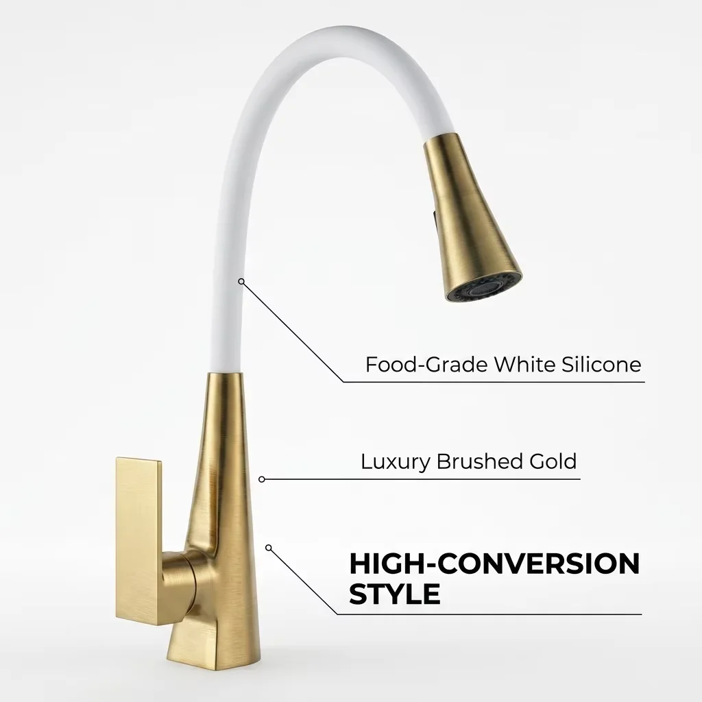 Elegant gold finish kitchen tap with universal swivel Gold kitchen faucet with flexible silicone spout in modern kitchen setting