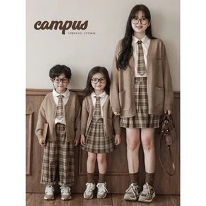 2023 New Boys' V-neck Casual Vollege Style Knitted Cardigan Autumn New Fashion Children's Shirt and Pants Suit