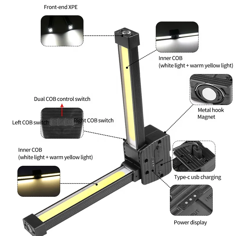 Wason New Ultra Bright Dual COB Rotatable Arm Flexible Smart Rechargeable Led Working Light With Top Flashlight and Power Bank