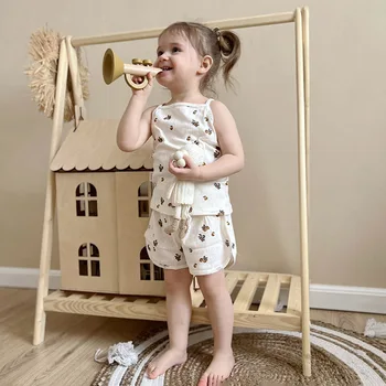 Summer New Danish Style 100% Cotton Button Closure Infants' Clothes Breathable Baby Pajama Set with Strap